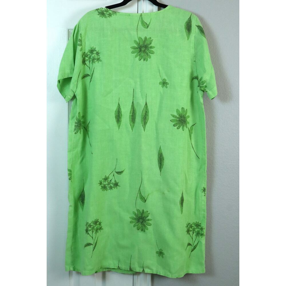 Vintage 90s Green LINEN Casual Dress Floral Cotton Stuff Classics Large USA - Picture 4 of 8